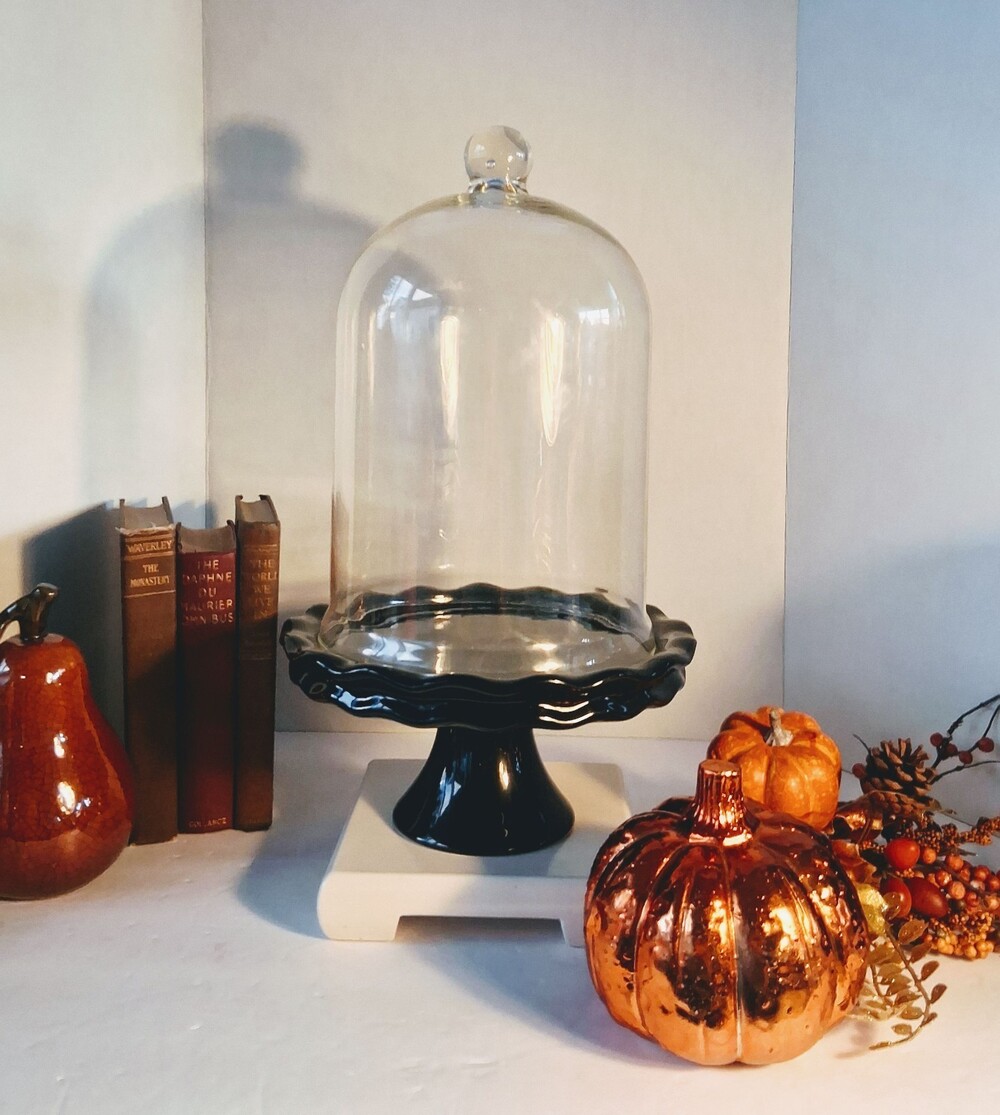Black Earthenware Pedestal Cake Stand w/Scalloped 'Pie Crust' Edge X Tall Cloché